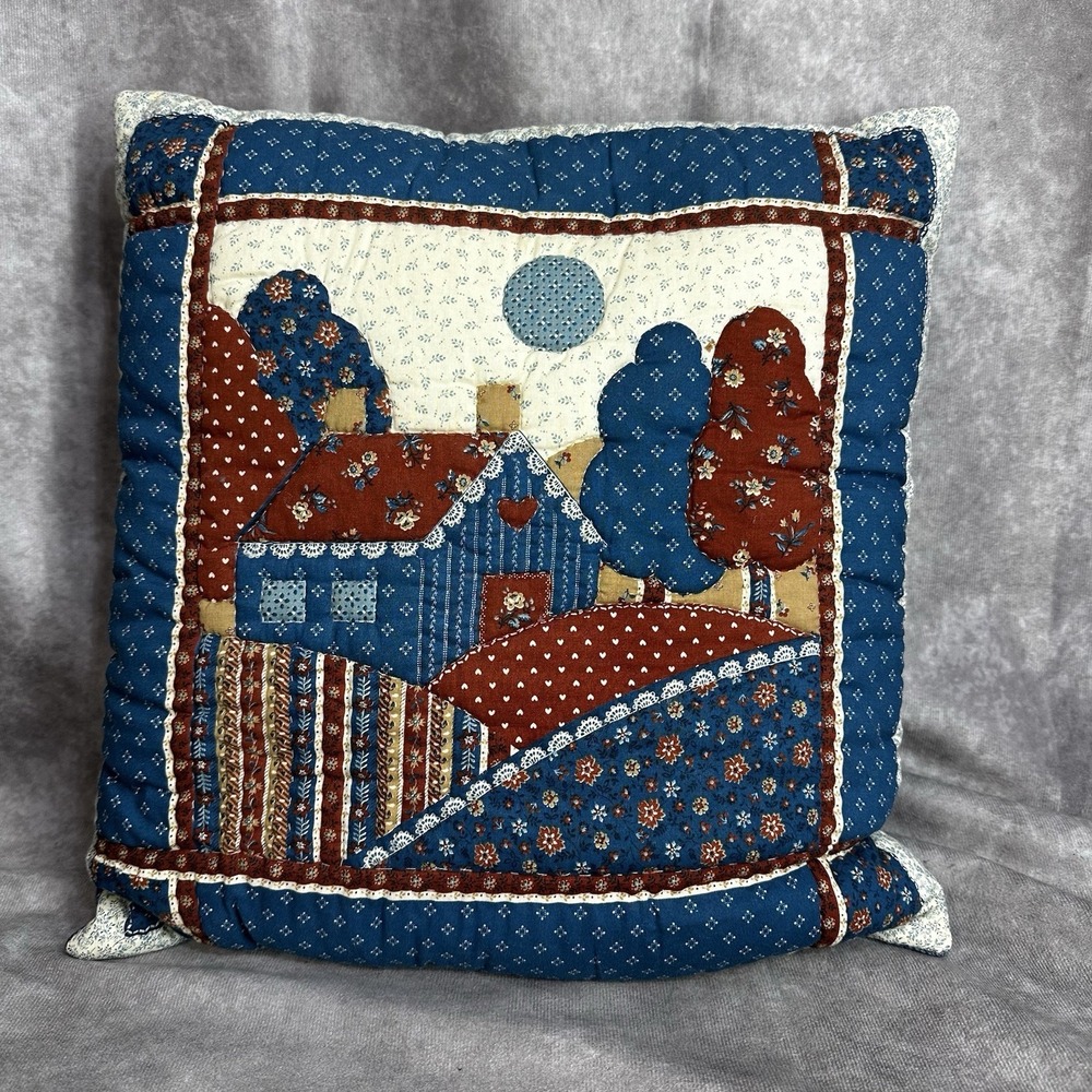 15x15 Cottagecore Quilted Throw Pillow Country Floral Scene Grannycore